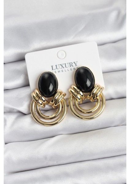 Pirinç Gold Renk Siyah Taşlı Vintage Kadın Küpe - TJ-BKP11355