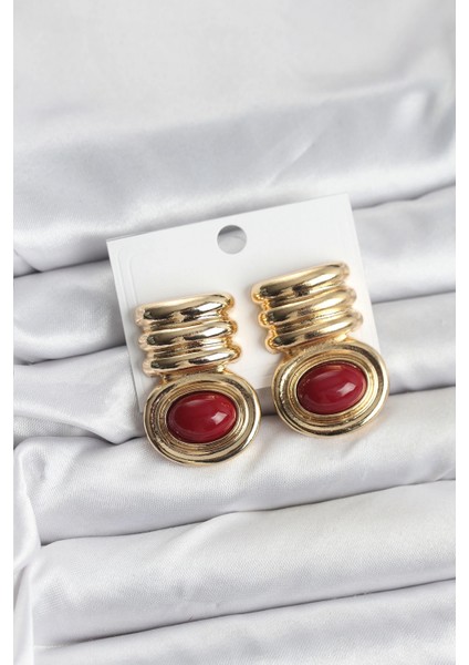 Pirinç Gold Bordo Renk Vintage Kadın Küpe - TJ-BKP11364