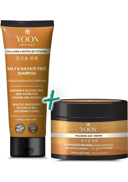 Yoon 2'li Vegan Tuzsuz Şampuan & Saç Bakım Maskesi 250ML, Hyaluronik Asit, Keratin, Kolajen ve Biotin Içerikli Besleyici, Onarıcı 2'li Saç Bakım Seti fiyatları
