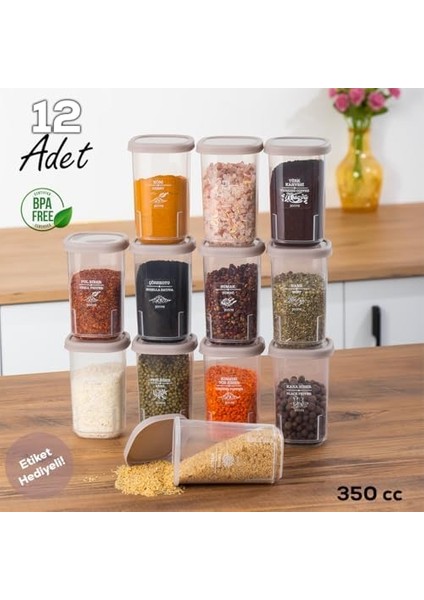 1113 12'li Sızdırmaz Düz Kapaklı Etiketli Seti - Yiyecek Erzak Saklama Kabı-Cappuccino fiyatları