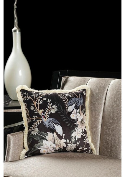 Lüks Kadife 43X43 cm Kırlent Kılıfı Dekoratif Yumuşak Salon Koltuk Avangart Saçaklı Siyah Siyah Beyaz