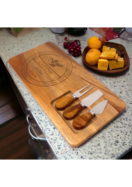 4 Parça Akasya Ağacı Peynir Sunum Tabağı Seti - Ahşap Peynir Sunum Tepsisi - Şık Servis Tahtası ve Çatal Bıçak Takımı - Misafir Ağırlama ve Mutfak Için