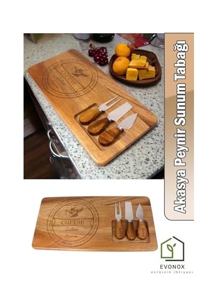 4 Parça Akasya Ağacı Peynir Sunum Tabağı Seti - Ahşap Peynir Sunum Tepsisi - Şık Servis Tahtası ve Çatal Bıçak Takımı - Misafir Ağırlama ve Mutfak Için modelleri