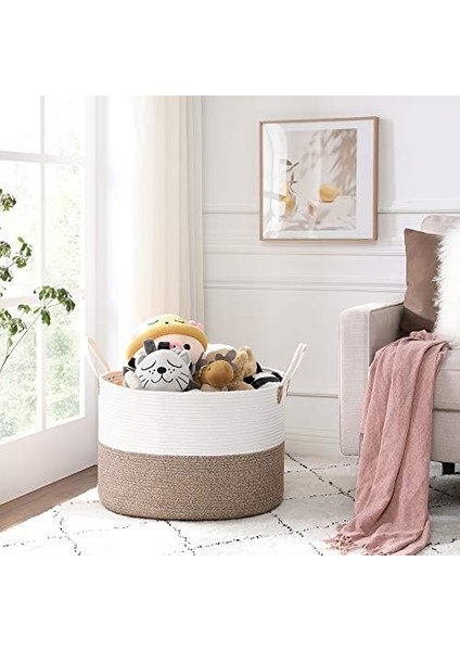 Pamuk Halat Sepeti, Tutma Saplı Pamuk Çamaşır Sepeti 100L, Oyuncak Battaniye Için, -Bej 55X55X35 cm fiyatları