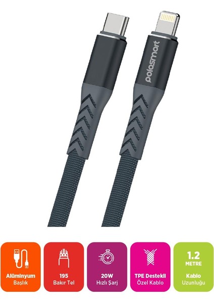 PSM118 Type-C To Lightning 20W Hızlı Şarj ve Data Kablosu 1.2 Metre Gri fiyatları