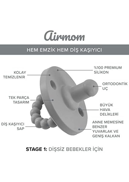 Fufizu Airmom Emzik - Hem Emzik Hem Diş Kaşıyıcı 2'li Silikon Emzik - Yenidoğan ve 0-6 Ay Koyu Gri & Taba fiyatları