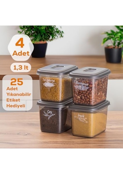 1,3 Litre 4 Lü Etiketli Saklama Kabı Bakliyat Saklama Kabı Erzak Saklama Kabı Seti fiyatları