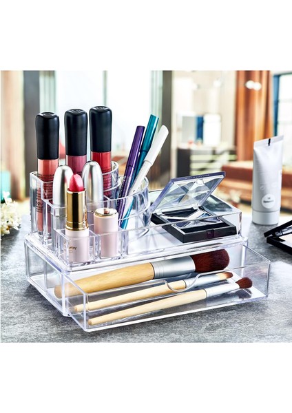Deconox 9 Bölmeli Çekmeceli Podyum Kozmetik Ürün Düzenleyicisi, Podyum Şeklinde Akrilik Makyaj Organizeri… modelleri
