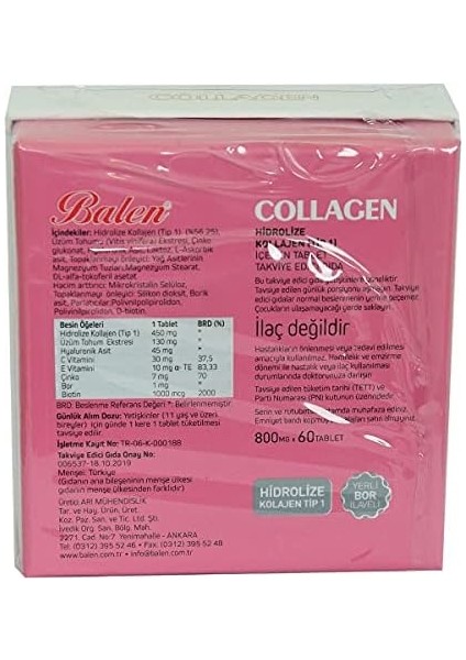 Balen 8690957003999 Collagen Hidrolize Kollajen (Tip 1) Içeren Tablet 800 Mg*60 1 Paket(1 x 1000 G)