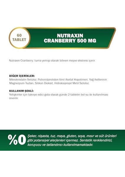 Nutraxin Herbal Cranberry 500 Mg 60 Tablet Takviye Edici Gıda