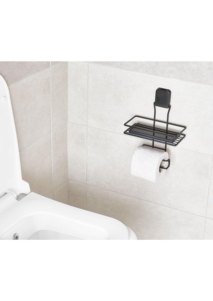 Yapışkanlı Mat Siyah Raflı Tuvalet Kağıtlığı