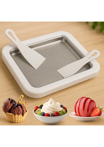 Tipi Dondurma Tavası, Paslanmaz Çelik Yüzeyli, Spatulalı, Rulo Dondurma ve Yoğurt Yapma Tepsisi