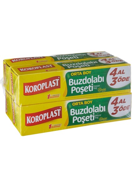 Koroplast Orta Boy Buzdolabı Poşeti 4 Al 3 Öde Ekonomik Paket, Ekonomik Buzdolabı Poşeti Orta Boy 80'li Set, Bpa Içermez, Sızdırmaz Saklama Torbası, Meyve, Sebze Yemek, Gıda Saklama Torbası (4 x 20)