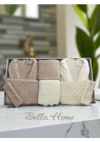 8 Parça Hasır Aile Bornoz Seti - Çeyiz Seti - %100 Pamuk - Orijinal Lüks Kutu