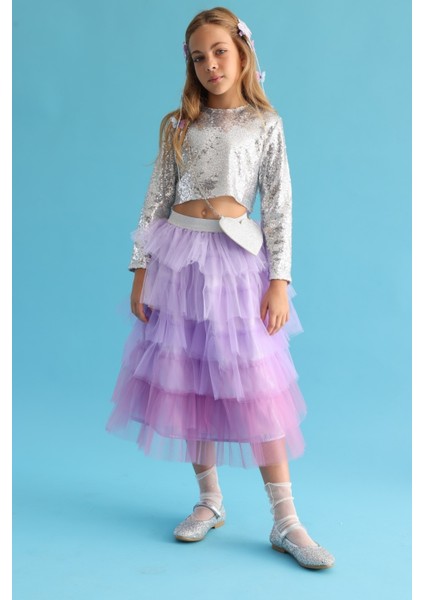 Lila Katlı Tüllü Kız Çocuk Uzun Etek - Azalea fiyatları