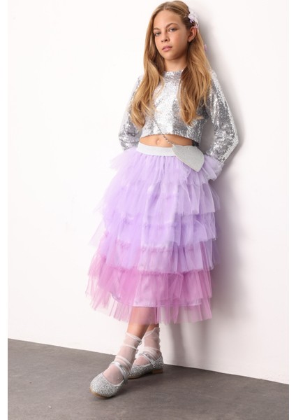 Lila Katlı Tüllü Kız Çocuk Uzun Etek - Azalea modelleri
