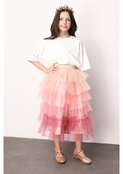 Pudra Katlı Tüllü Kız Çocuk Uzun Etek - Azalea