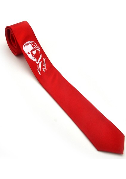 Atatürk Portre ve Imza Baskılı Slim Fit Saten Kırmızı Kravat - Ak-08