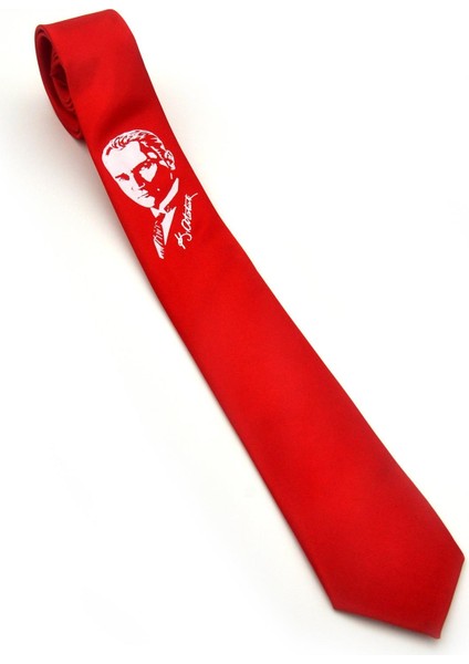 Atatürk Portre ve Imza Baskılı Slim Fit Saten Kırmızı Kravat - Ak-08 fiyatları