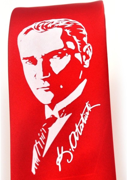 Atatürk Portre ve Imza Baskılı Slim Fit Saten Kırmızı Kravat - Ak-08 modelleri