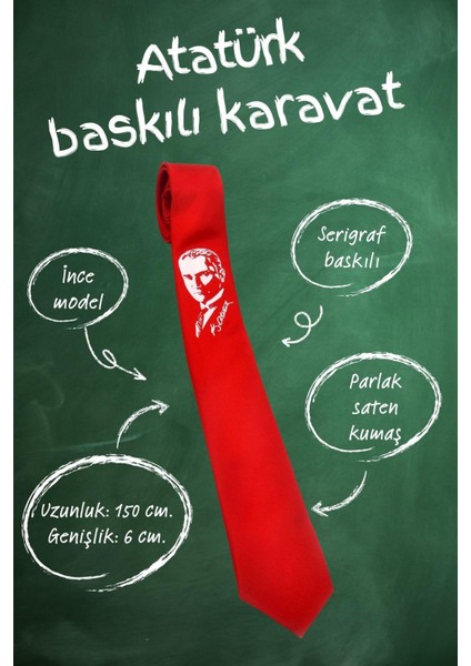 Atatürk Portre ve Imza Baskılı Slim Fit Saten Kırmızı Kravat - Ak-08 fırsatları