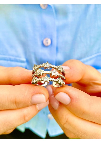 Gümüş Renk Zirkon Taşlı Yıldızlı Ayarlanabilir Yüzük
