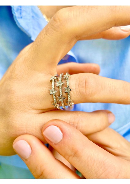 Gümüş Renk Zirkon Taşlı Yıldızlı Ayarlanabilir Yüzük fiyatları