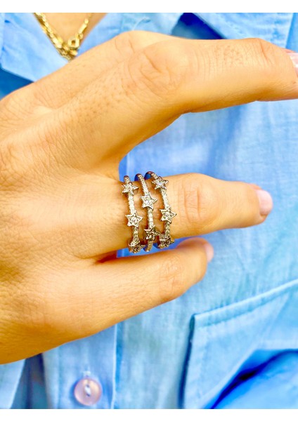 Gümüş Renk Zirkon Taşlı Yıldızlı Ayarlanabilir Yüzük fırsatları