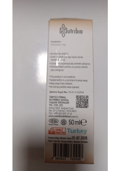 Soğuk Sıkım Tatlı Badem Yağı 50ML fiyatları