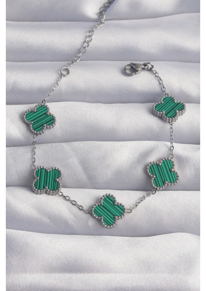 316L Çelik Gümüş Renk Çizgili Yeşil Mineli Yonca Bileklik - Lisinya