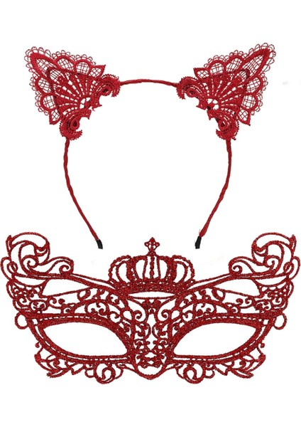 Lüks Kırmızı Dantel Taçlı Maske Seti 2 No - Parti, Balo, Kostüm Aksesuarı fiyatları
