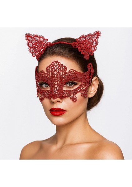 Romantik Kırmızı Dantel Maske Seti – Kedi Kulaklı Taç ve Maske 3 No