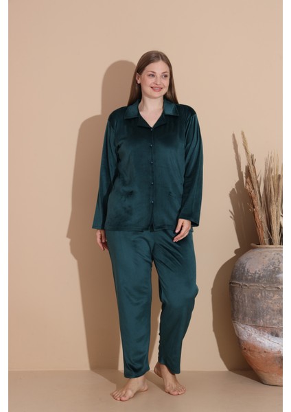 Önden Düğmeli Büyük Beden Kadife Kadın Pijama Takımı 3138 fiyatları