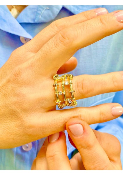 Altın Renk Zirkon Taşlı 3 Sıra Ayarlanabilir Yüzük