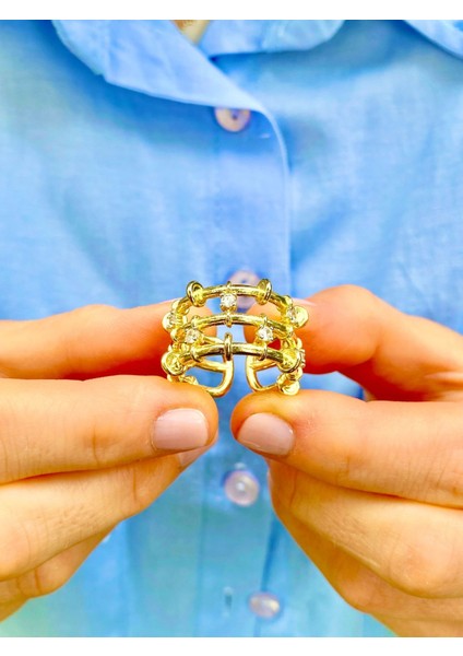 Altın Renk Zirkon Taşlı 3 Sıra Ayarlanabilir Yüzük fiyatları