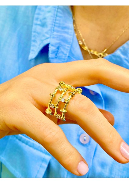 Altın Renk Zirkon Taşlı 3 Sıra Ayarlanabilir Yüzük modelleri