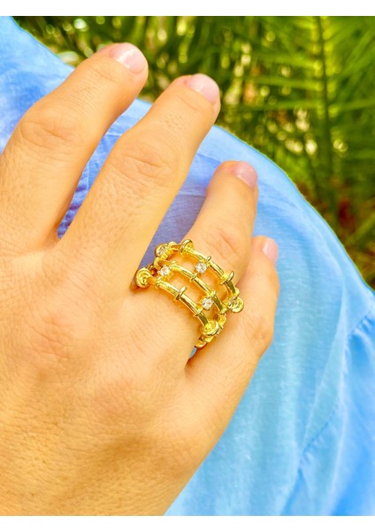 Altın Renk Zirkon Taşlı 3 Sıra Ayarlanabilir Yüzük fırsatları