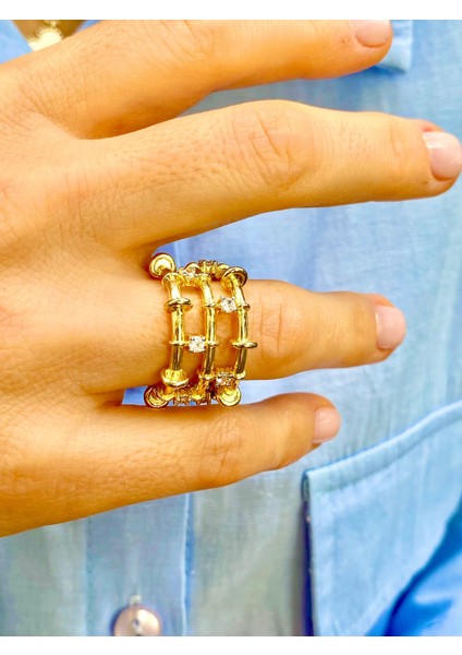 Altın Renk Zirkon Taşlı 3 Sıra Ayarlanabilir Yüzük indirimleri