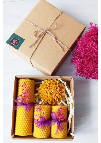 Dekoratif Petek Mum Büyük Çiçekli Set Bal Mumu Mum Beeswax Candle 4 Lü Set