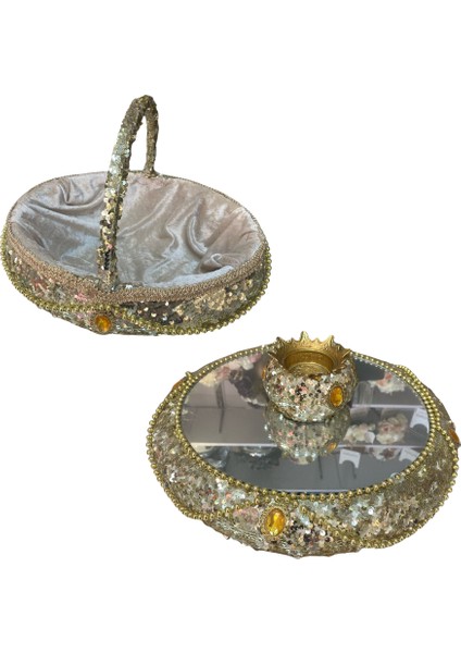 Lüks Pullu Aynalı Kına Sepeti Takımı- Gold