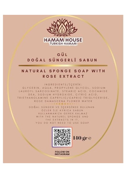 Hamam House Turkish Hamam Doğal Süngerli Gül Kokulu Sabun, 140 Gram, Tüm Ciltler Için