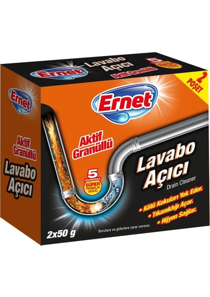 Ernet Süper Lavabo Açıcı Aktif Granüllü 2X50 G