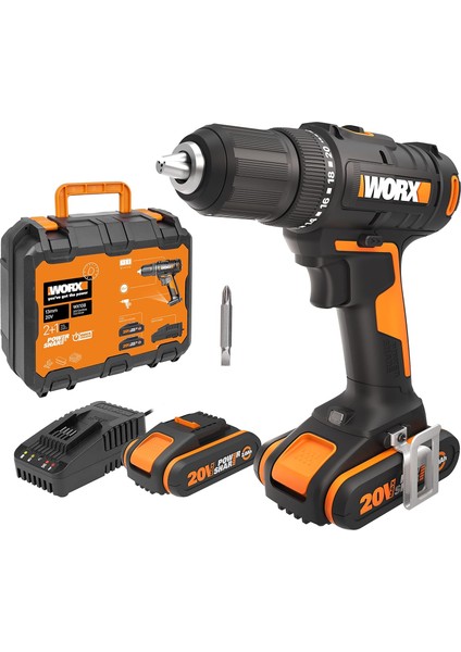 WX108 Akülü Matkap 20 V – Delme ve Vidalama Için Çok Yönlü Tornavida – Iki Kademeli Devir Sayısı Aralığı ve 20+1 Tork Ayarı 45 Nm'ye Kadar – 2 x 2 Ah Akü ve Şarj Cihazı Dahil