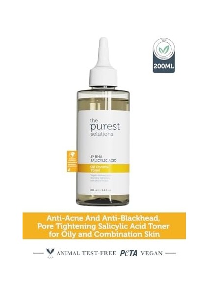 The Purest Solutions, Yağlı ve Karma Cilt Sivilce ve Siyah Nokta Karşıtı, Gözenek Sıkılaştırıcı Salisilik Asit Tonik 200 ml