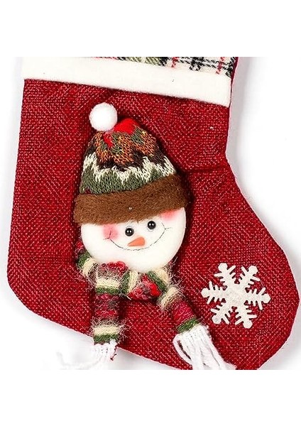 Yılbaşı Süsü Ekose Desenli Çorap Kardan Adam Figürlü Kırmızı 16X23 Cm. modelleri