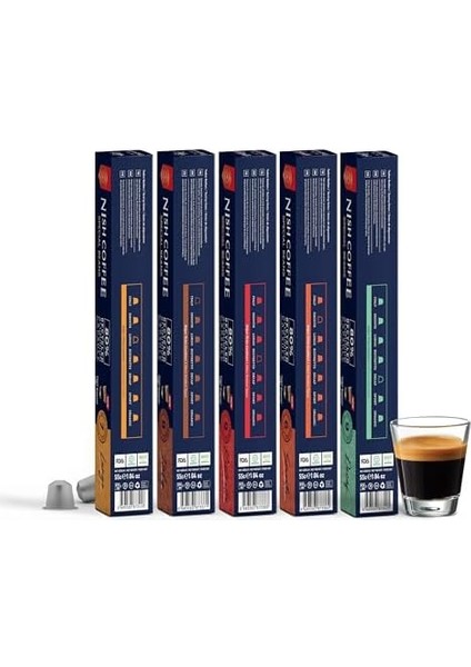 Nish Kahve Nespresso Uyumlu Kapsül Kahve 5'li Set Lungo, Italy, Risteretto, Smooth, Decaf 50 Adet modelleri