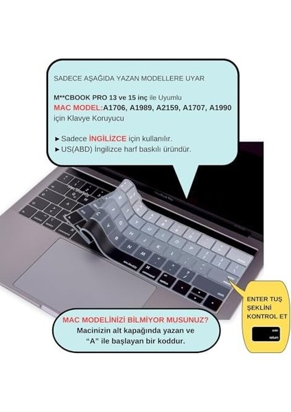 MacBook Klavye Koruyucu Silikon Klavye Filmi Us Ingilizce Amerikan Baskılı Us-Return Enter Tipi Touchbar Pro 13-15INÇ A1706,A1989,A2159,A1707,A1990 Uyumlu,ince Hafif Yıkanabilir Siyah Gri fiyatları