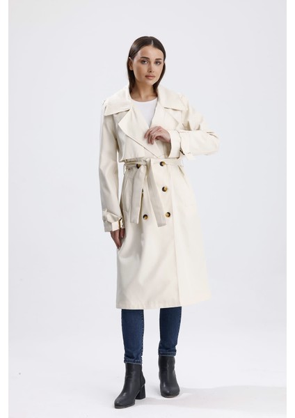 Ekru Klasik Kuşaklı Astarlı Trençkot