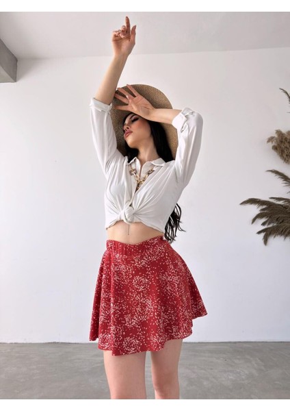 Desenli Krinkıl Şortlu Etek - Ki̇remi̇t fiyatları