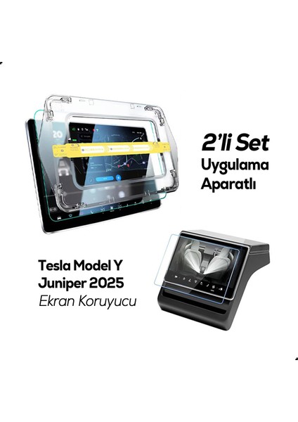 Tesla Model Y Juniper 2025 2in1 Ekran Koruyucu Uygulama Aparatlı Ön ve Arka Temperli Cam Koruyucu Parlak